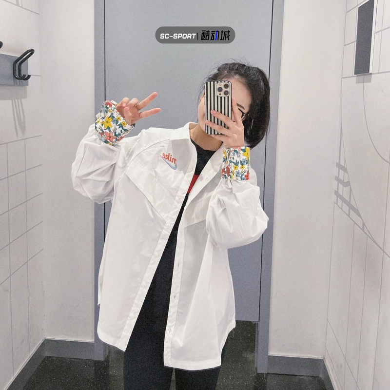 Authentic Nike Women's Autumn and Winter Windproof Shirt Sports Casual Printed Lapel Jacket Shirt Jacket Dv3202