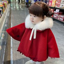 2024 Girls Western-style New Years Coat Autumn and Winter Baby New Red Childrens Clothes Cape Cloak Western-style Shawl