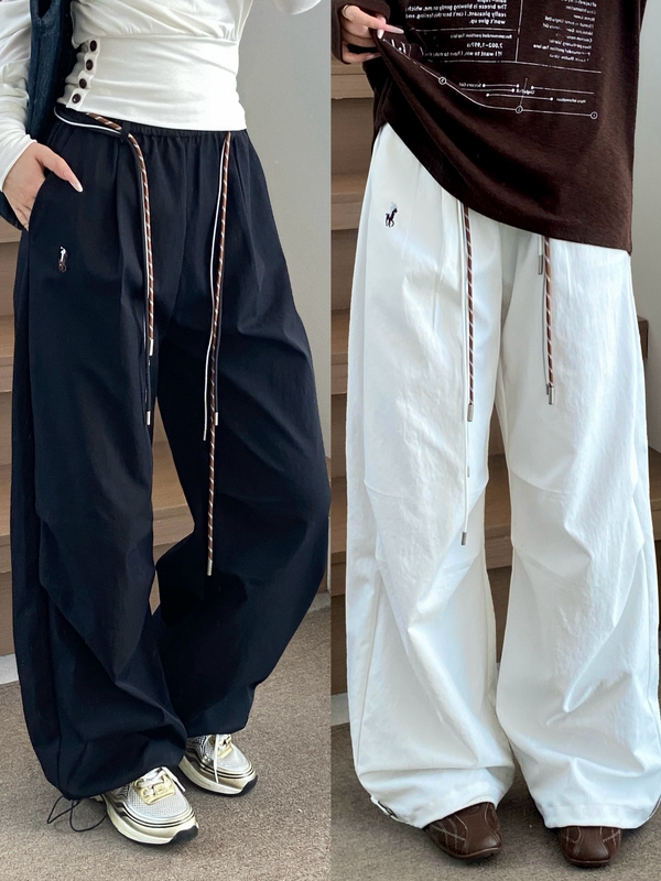 2026 Spring/Summer New Style Pony Embroidery Washed Cotton Wrinkle Straight-Leg Pants with Drawstring Waist Casual Cargo Pants for Women