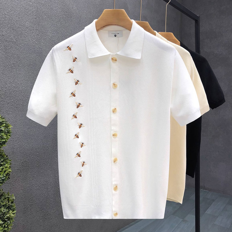 Musonmu Ice Silk Knitted Short-Sleeved Polo Shirt Men's Casual Thin Embroidered Half-Sleeved T-Shirt Cardigan Trendy Brand T-Shirt