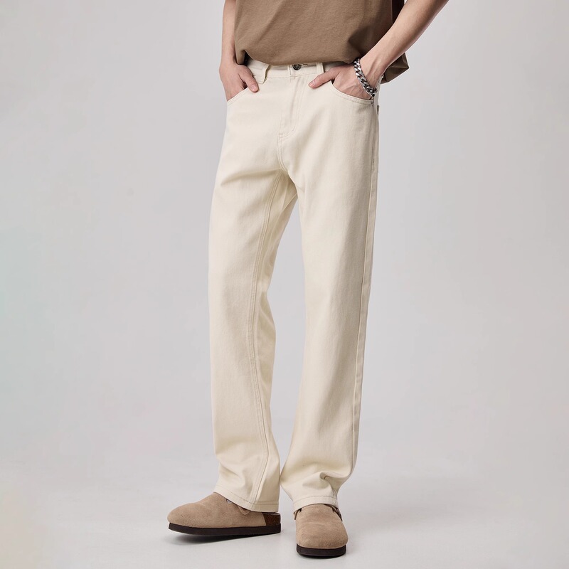 American High Street Straight-Leg Jeans for Men, Loose Fit, Spring and Autumn Style, Simple Beige Washed Trendy Casual Long Pants