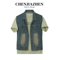 CHENJIAZHEN AMERICAN RETRO DENIM Waistcoat Jacket Woman Loose Waistcoat Vest Mid long T-shirt Two sets