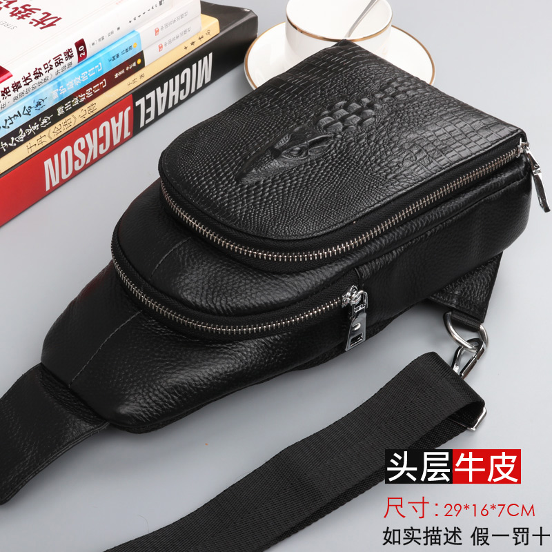New Men's Chest Bag Men's Baotou Layer Cow Leather Crocodile Tattooy Genuine Leather Chest Front Bag Single Shoulder Bag Inclined Satchel Bag Casual