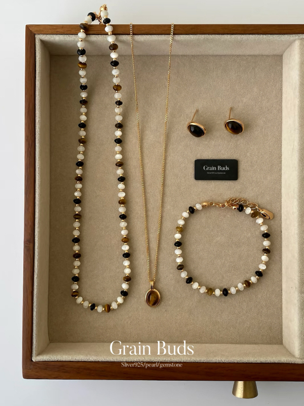 Grain Buds Natural Tiger Eye Stone Necklace and Earrings Set·Maillard Style Atmosphere S925 Silver 18K Gold