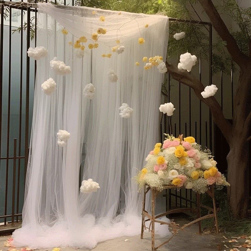 Wedding Decoration Soft Tulle Dopamine Color Dense Swiss Tulle Chair Back Tulle Ceiling Floating Tulle Curtain Trendy Small Garden Wedding