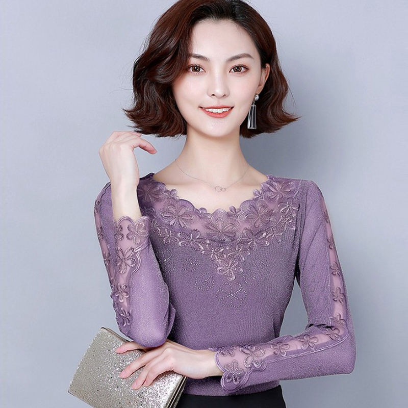 Fleece-Lined Lace Base Shirt for Women, Autumn and Winter 2025 New Style, Thickened Inner Layer, Shiny Long-Sleeve Warm and Stylish Top