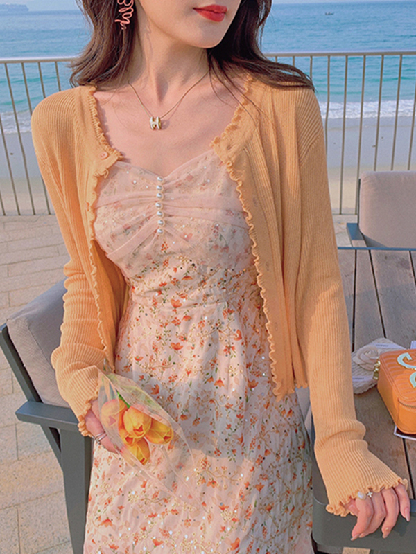 Orange Ice Silk Knitted Cardigan Jacket for Women 2026 Summer New Style Outerwear with Skirt Sun Protection Clothing Air Conditioning Cover-Up