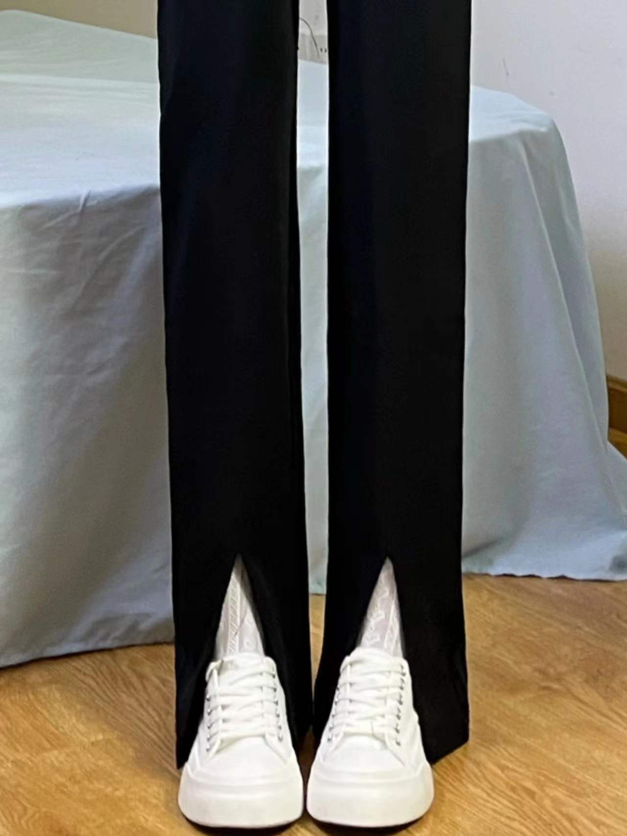WHITEHOPE black western dress pants female spring autumn new large size high level sensation high waist straight cylinder open slit pants