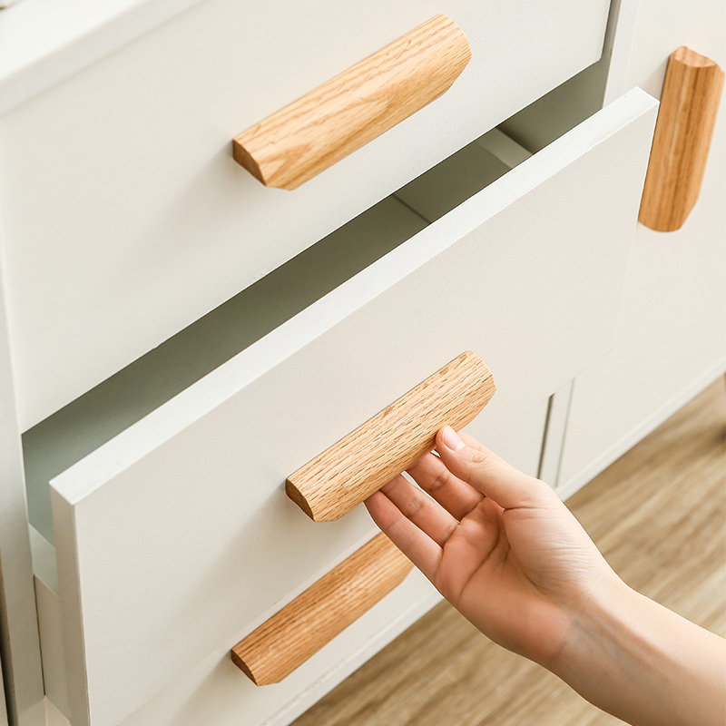 Simple cabinet door solid wood handle drawer whole cabinet Japanese style single hole round log handle wardrobe shoe cabinet wooden handle
