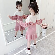 Girls medium-length sweater skirt cotton spring new foreign style Korean childrens long-sleeved skirt Chinese autumn dress loose