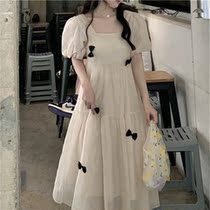 Large size fairy dress summer fat mm French bow collar bubble sleeve long Belly Belly gauze dress 200kg