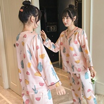 Pajamas female spring and autumn ice silk long sleeve autumn students thin cute Korean Lady loose pajamas home suit