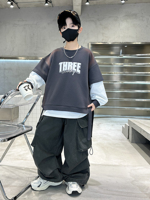 Boys' Autumn Outfit Set 2026 New Stylish Children's Sweatshirt and Cargo Pants Two-Piece Set for Older Kids in Spring and Autumn