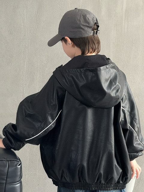 Boys' Autumn Hooded Leather Jacket 2025 New Style for Older Children, Waterproof Casual Outerwear, Stylish and Trendy Children's Clothing