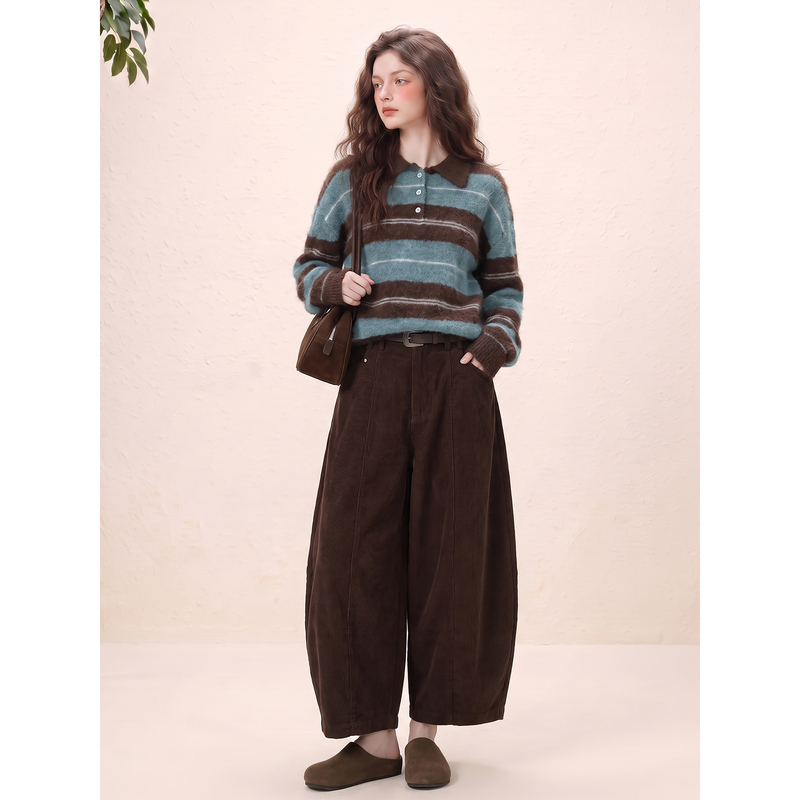 Color-Block Striped Polo Collar Knit Top and Wide-Leg Curved Pants Casual Set for Women 2026 Super Trendy Outfit Complete Set for Autumn