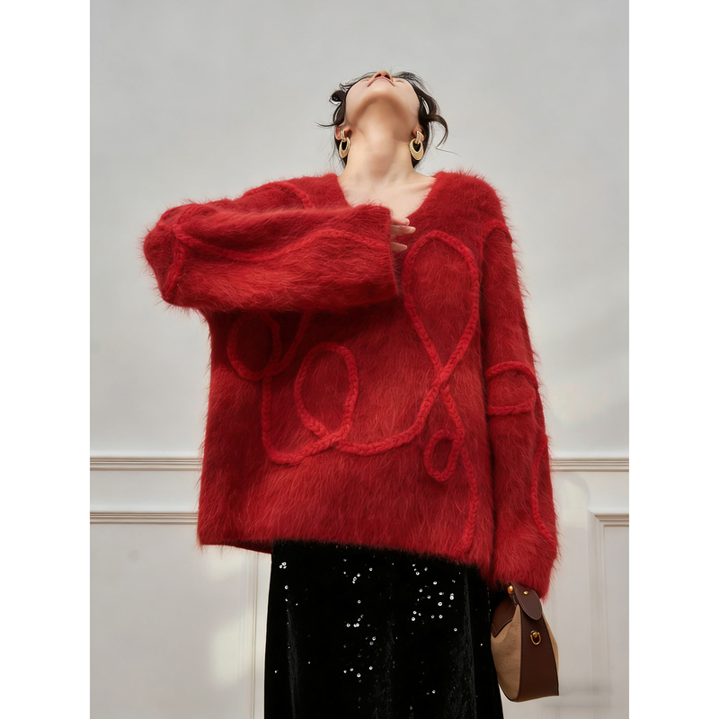 New Year's Outfit: Three-Dimensional Twist Red Sweater for Women, Stylish Knitted Base Layer Top, 2026 New Winter Clothing New Year's Outfit: Three-Dimensional Twist Red Sweater for Women, Stylish Knitted Base Layer Top, 2026 New Winter Clothing