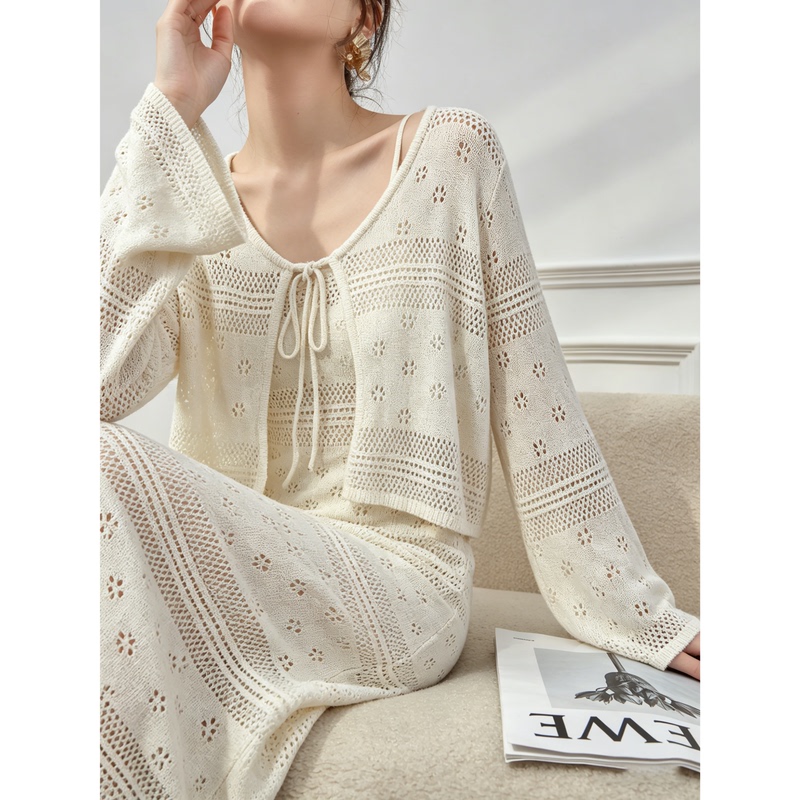 White Hollow-Out Knit Cardigan and Slip Dress Set for Women, 2026 Summer New Style, Minimalist Intellectual Outfit Complete Set