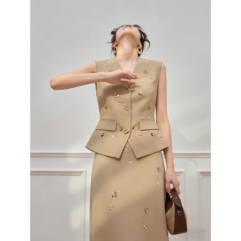 2026 New Style Chanel-Inspired Sequin Blazer Vest Top and Skirt Set for Women, Light and Sophisticated, Unique and Non-Repetitive Design