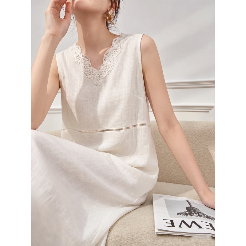 Off-White Wavy Lace V-Neck Sleeveless Linen Skirt, Unique and Super Pretty Dress for Women, 2026 New Summer Style Off-White Wavy Lace V-Neck Sleeveless Linen Skirt, Unique and Super Pretty Dress for Women, 2026 New Summer Style