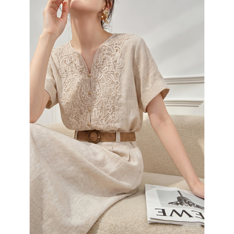 Beige V-Neck Lace Patchwork Waist-Cinching Linen Long Dress, Stunning and Unique Style, Women's 2026 New Summer Dress Beige V-Neck Lace Patchwork Waist-Cinching Linen Long Dress, Stunning and Unique Style, Women's 2026 New Summer Dress