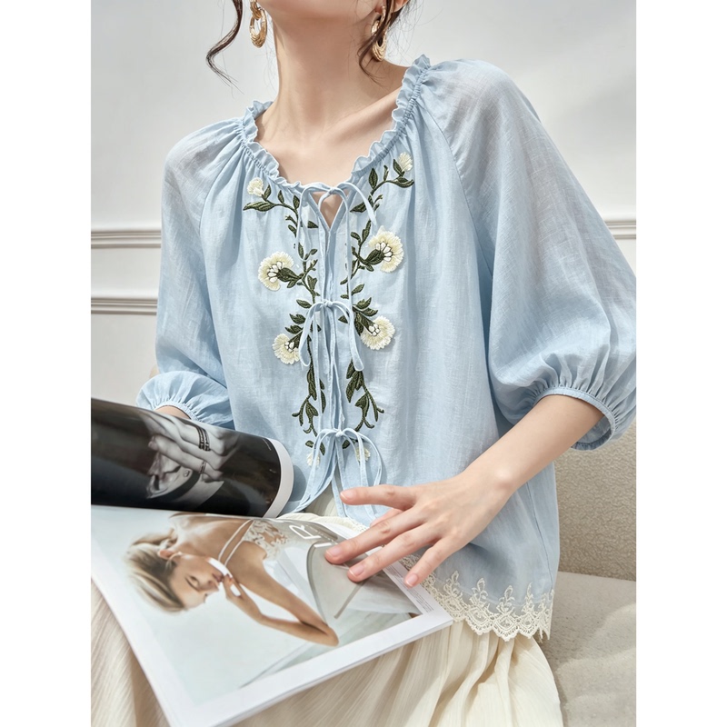 2026 Chic and Ethereal Blue Lace-Up Embroidered Lace Shirt with Ruffled Edges, French-Style, Elegant and Stunning Top