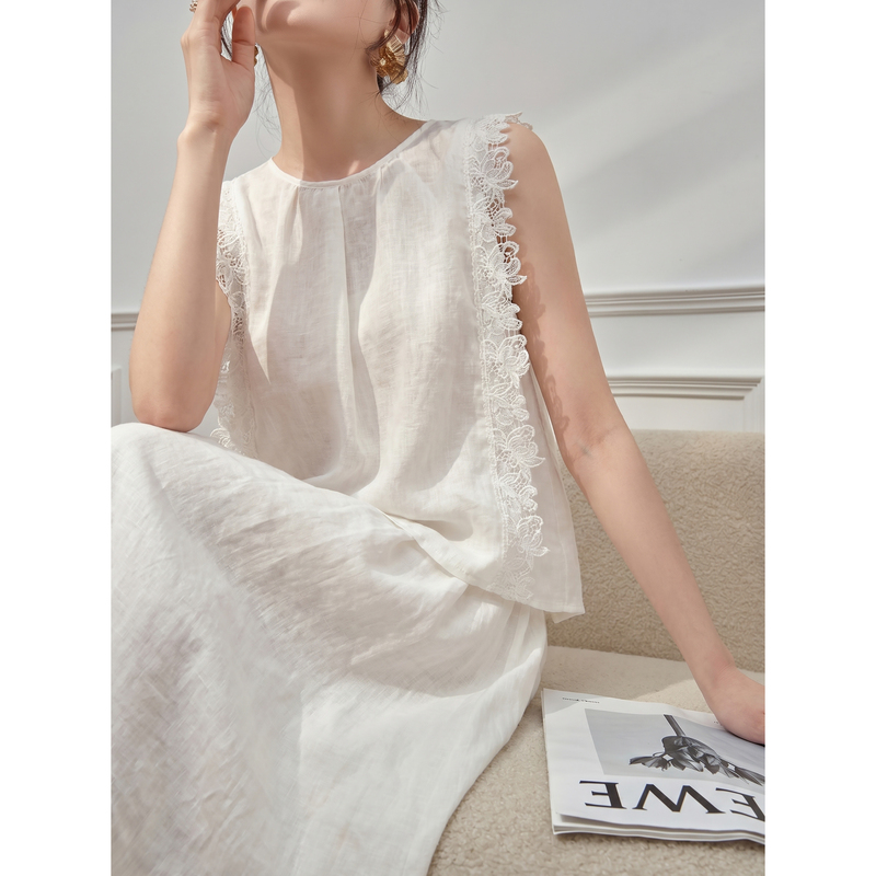 White Hollow Lace Patchwork Sleeveless Top and Linen Skirt Set for Women, Unique and Beautiful Summer Two-Piece Outfit White Hollow Lace Patchwork Sleeveless Top and Linen Skirt Set for Women, Unique and Beautiful Summer Two-Piece Outfit