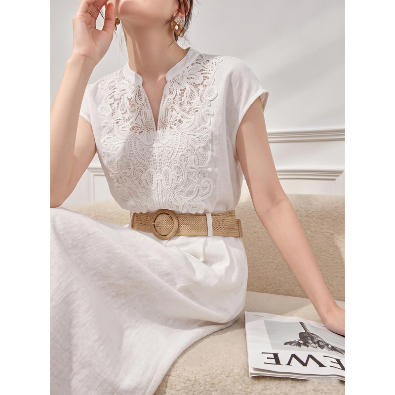 White Chinese-Style Stand-Up Collar Lace Cap-Sleeve Linen Mid-Length Dress 2026 High-Quality Dress for Women 2026 New Summer Model White Chinese-Style Stand-Up Collar Lace Cap-Sleeve Linen Mid-Length Dress 2026 High-Quality Dress for Women 2026 New Summer Model