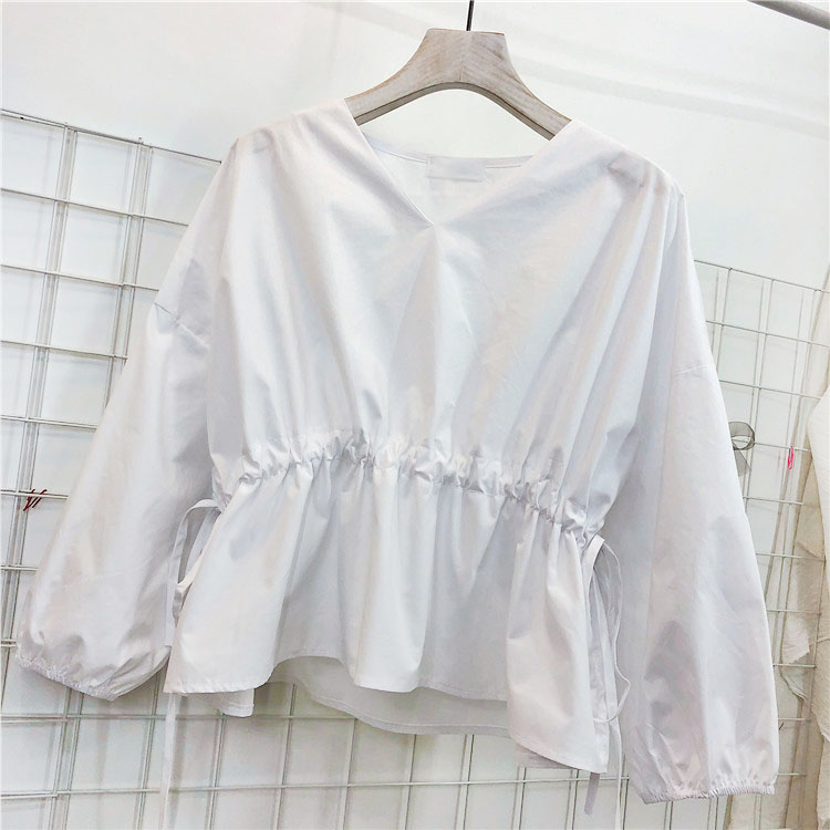 Áo sơ mi nữ cổng gió retro chic chic thiết kế cảm giác V-cổ dây rút eo phồng tay áo sơ mi búp bê mùa hè áo len phối sơ mi