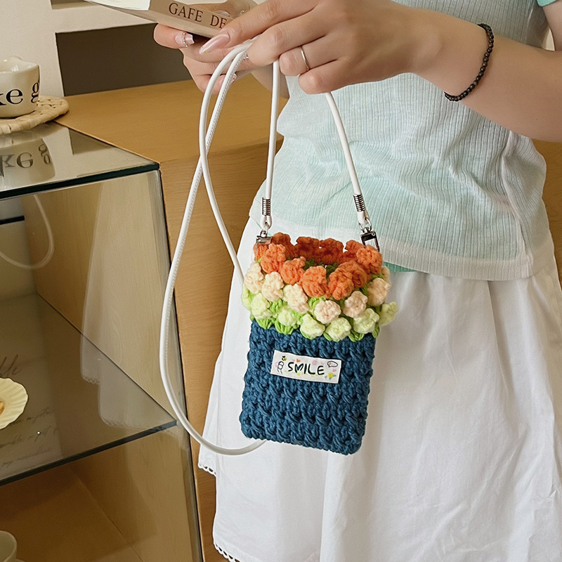 Hand-Knitted Yarn Flower Basket Crossbody Bag, Three-Dimensional Crocheted Bouquet Shoulder Bag, Dopamine Flower Phone Bag