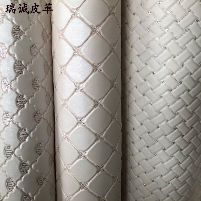 Embroidery soft bag material PU leather wardrobe door sequins sliding door bed back strap sponge leather decorative material