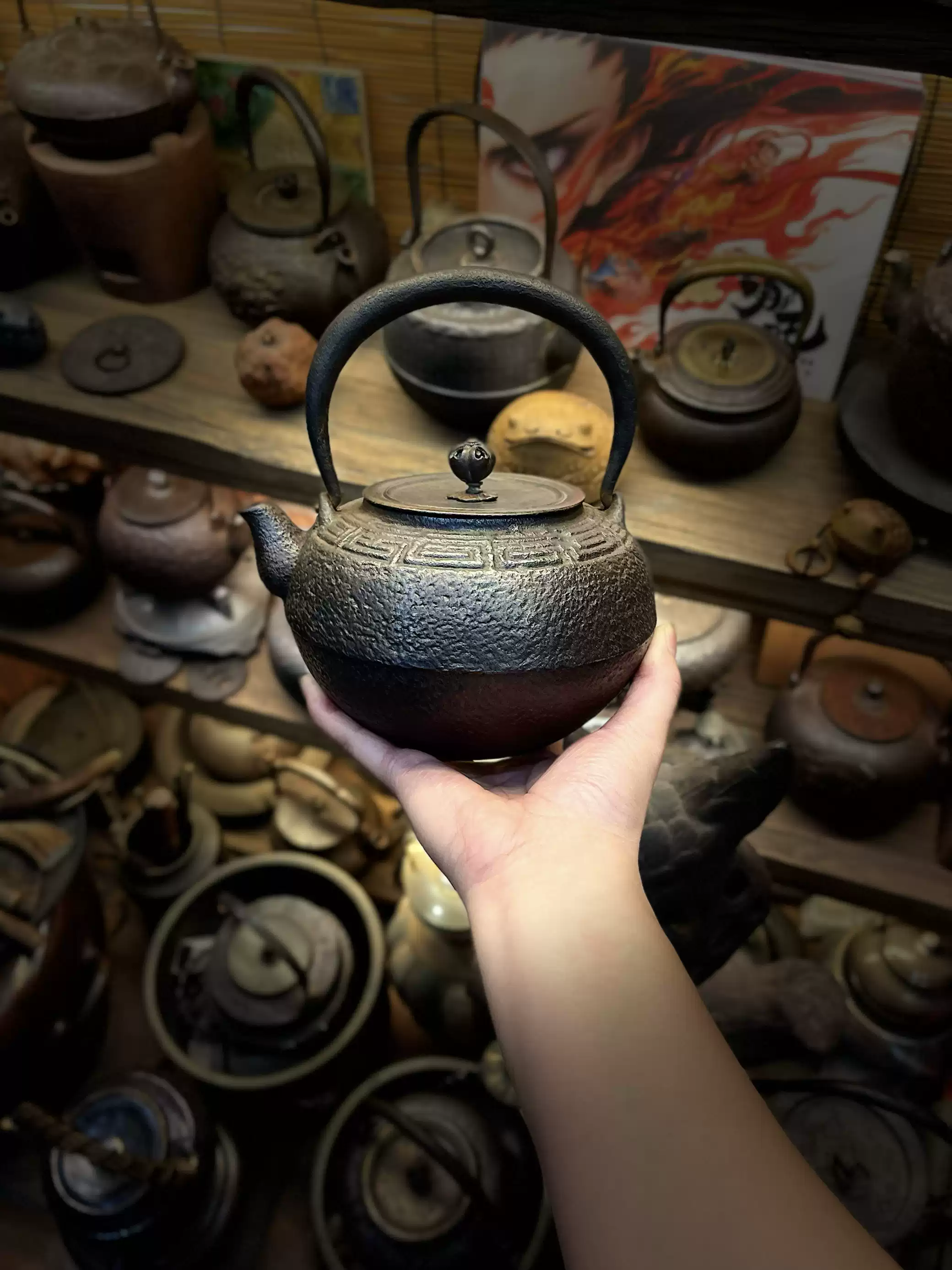 晴寿堂造日本老铁壶金银镶嵌岩肌古砂铁壶高端茶器龙文堂