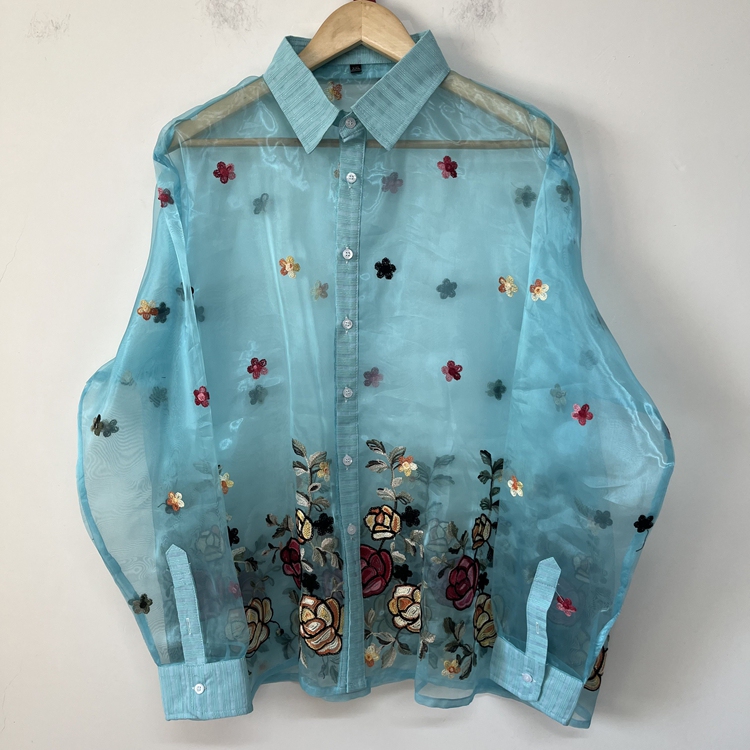 Peacock Blue Rose Embroidery Sheer Organza Original Designer Loose Fit Versatile Shirt