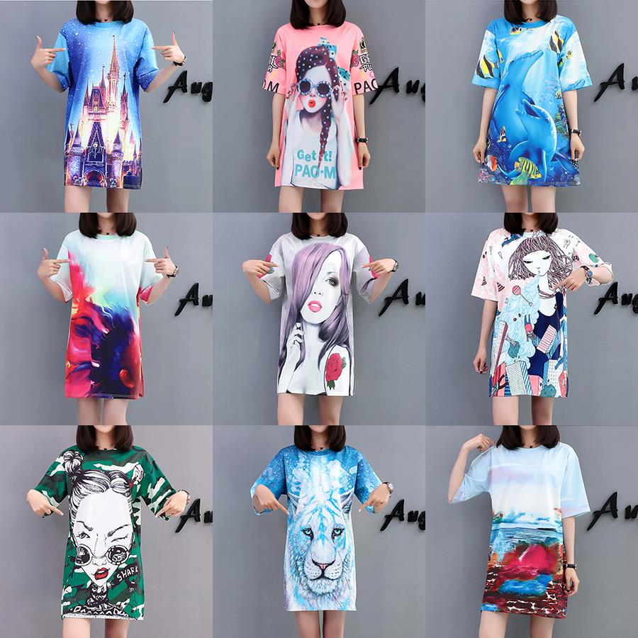 Medium-length short-sleeved t-shirt weird girl Korean version top summer new product personality print loose large size shirt skirt