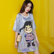 Short sleeve T-shirt female summer new Korean version loose round collar Heavy work cartoon sequin Ou big version of the long style blouses