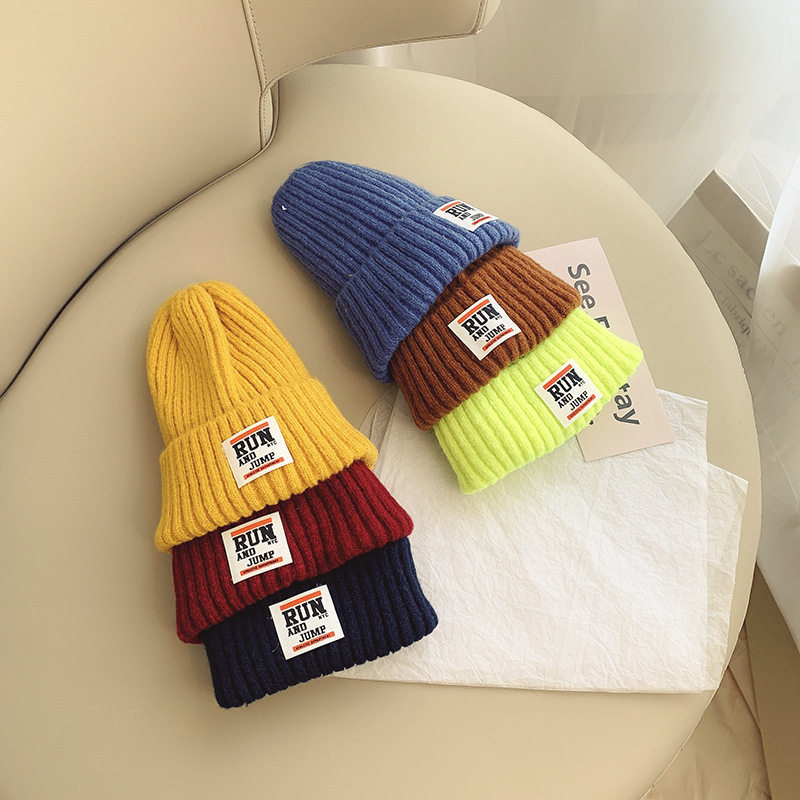 Children Knit Vertical Stripe Cap Car Labeling Tide Autumn Winter Warm Men And Women Cool Baby Kids Korean Version Cute Hair Line Hat