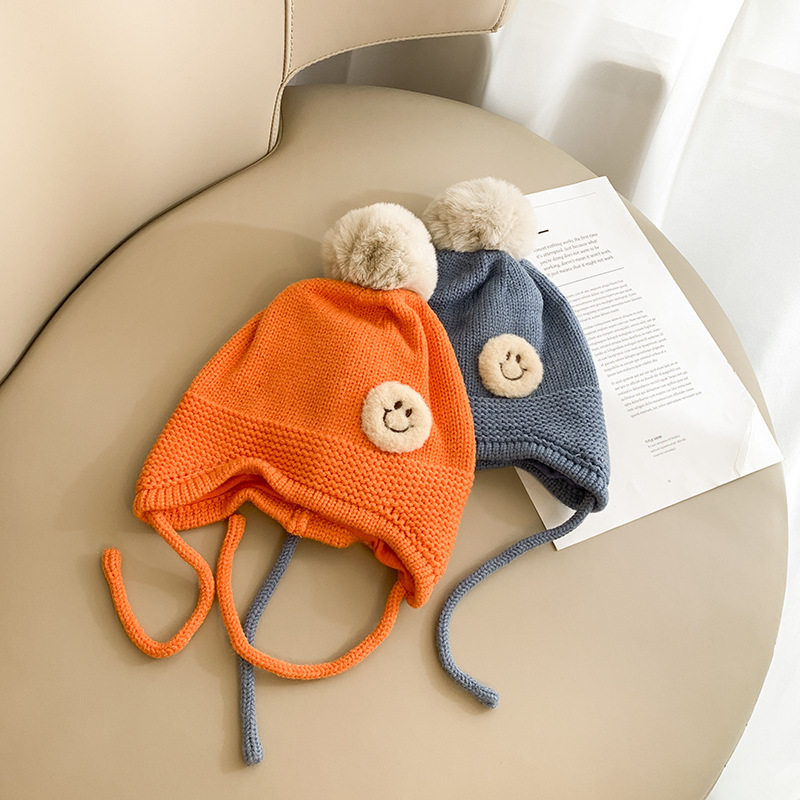 Winter new bag earthen hat Children Korean version Sunflowers Smiley Face Sun Hat Lambs Wool Warm 100 Hitch Cap Tide