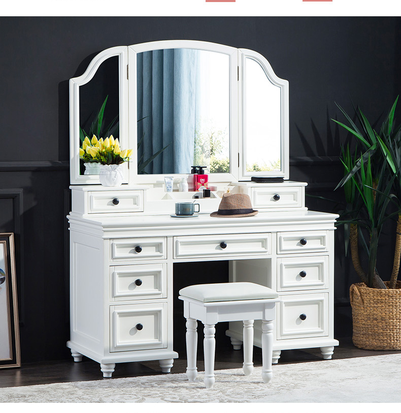 Bàn trang điểm Mỹ phòng ngủ gỗ rắn bàn một tối giản hiện đại lưới bàn trang điểm màu đỏ nữ với đèn công suất lớn - Bàn bàn máy tính nhỏ gọn