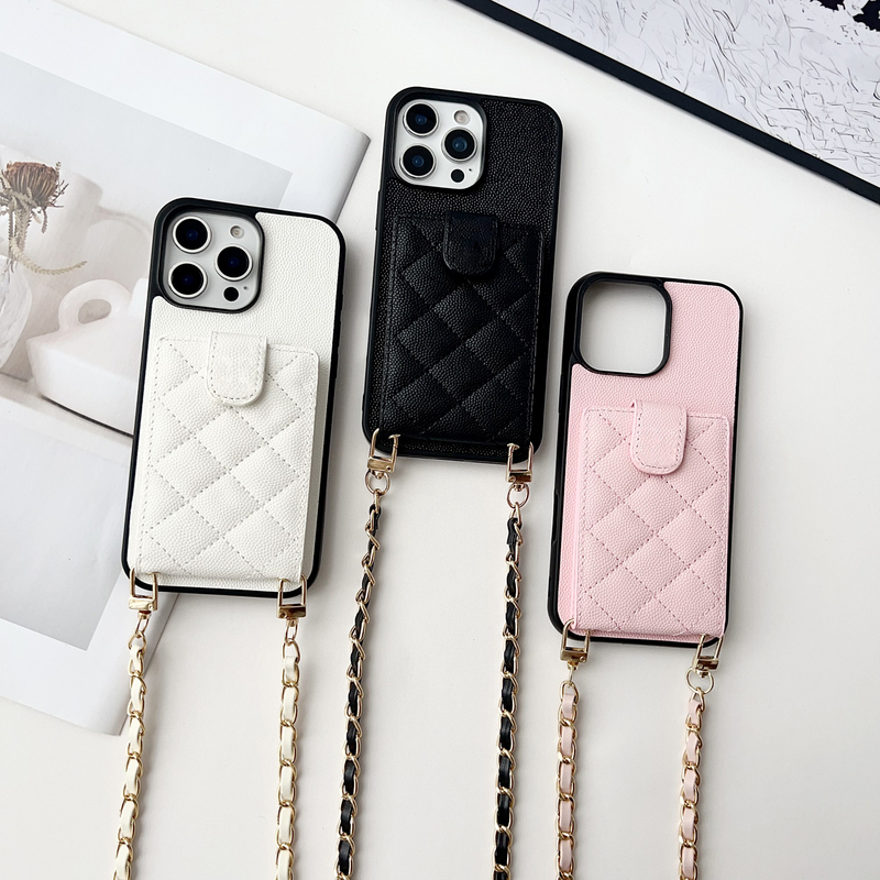 Chanel-Style Caviar Crossbody Lanyard Card Holder Case for iPhone 17, High-End Feel, 13/14 Pro Anti-Drop Soft Case, 15 Pro Max Leather Protective Cover