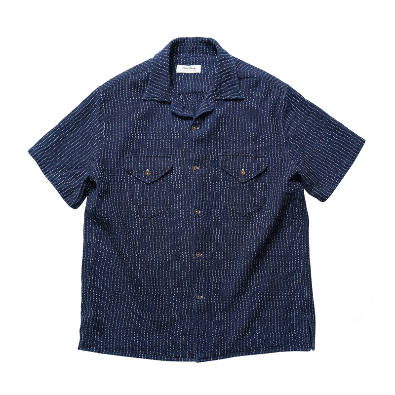 Uncle Xiao's Original Lightweight Blue-Dyed White Thread Sashiko American Casual Swallow Collar Short-Sleeve Shirt