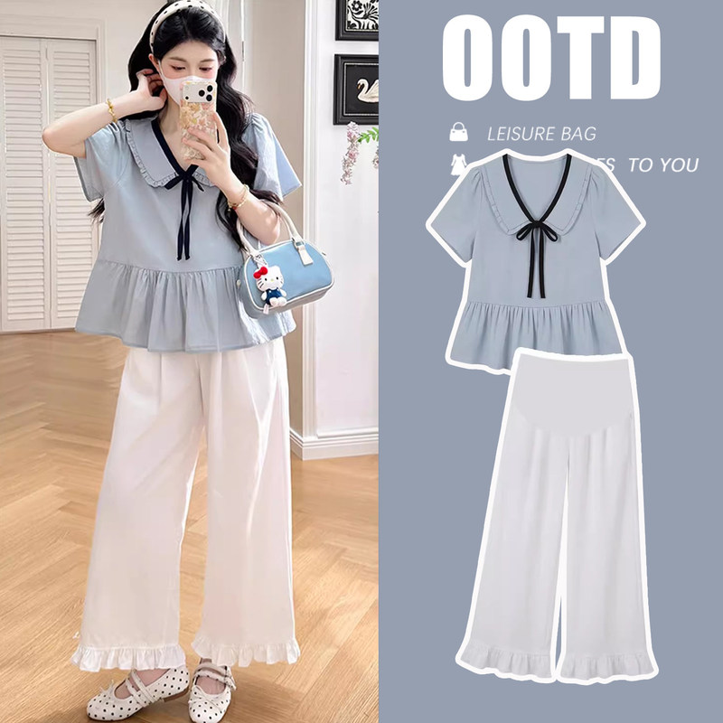 Maternity Suit Summer Thin Style 2026 New Pregnancy Outfit Refreshing Blue Patchwork Shirt and Pants Two-Piece Set for Women Maternity Suit Summer Thin Style 2026 New Pregnancy Outfit Refreshing Blue Patchwork Shirt and Pants Two-Piece Set for Women