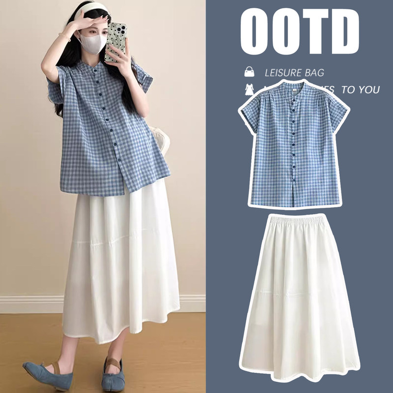 Maternity Wear Summer Tops 2026 New Plaid Shirt and Skirt Two-Piece Set Summer Plus Size Pregnant Mom French Style Outfit