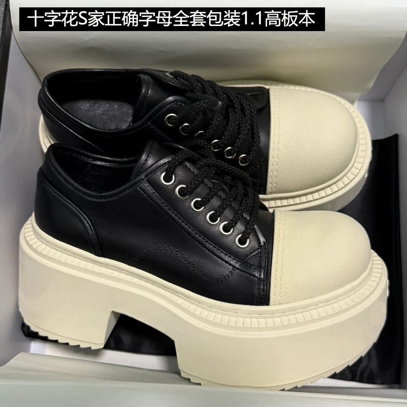 Thick-Soled Chunky Shoes for Women, Height-Increasing Lace-Up Casual Sneakers, Versatile High-Heeled Canvas Shoes for Petite Women, British Style Leather Shoes
