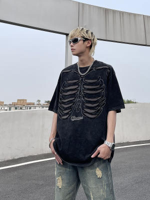 AKnife's American high street cut-out design sense retro short-sleeved men's heavyweight loose hiphop Chinese trend T-shirt