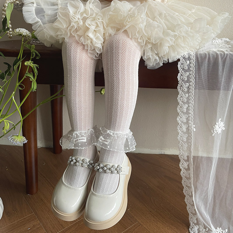 Girls' Summer Thin Pantyhose with Starry Mesh Lace, Baby Princess Lolita Leggings