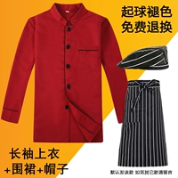 Красный лонгслив, фартук, шапка