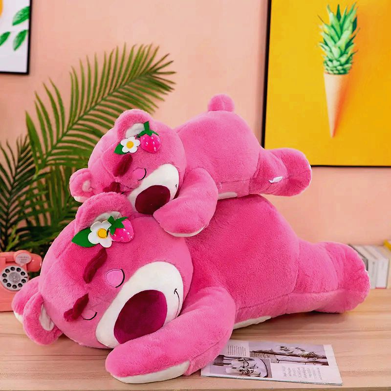 Cute pink strawberry bear soft cute paparazzi wool suede toy large groveling bear sleeping doll holding pillow birthday present-Taobao