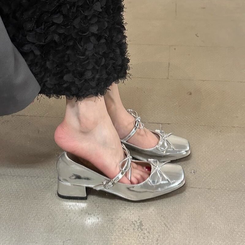 Silver French Mary Jane shoes, square toe, 2026 new style, elegant ballet flats with bow, silver leather shoes.