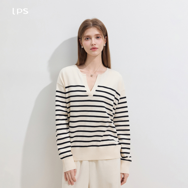 Lps Niche Design Striped V-Neck Knit Sweater for Women, Spring and Autumn 2026 New Style, Loose Fit, Slimming, Casual, Versatile Sweater Lps Niche Design Striped V-Neck Knit Sweater for Women, Spring and Autumn 2026 New Style, Loose Fit, Slimming, Casual, Versatile Sweater
