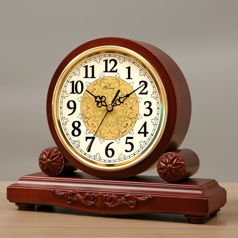 Yisen European-style solid wood seat clock living room Creative and watch large number retro seat clock clock muted American quartz clock