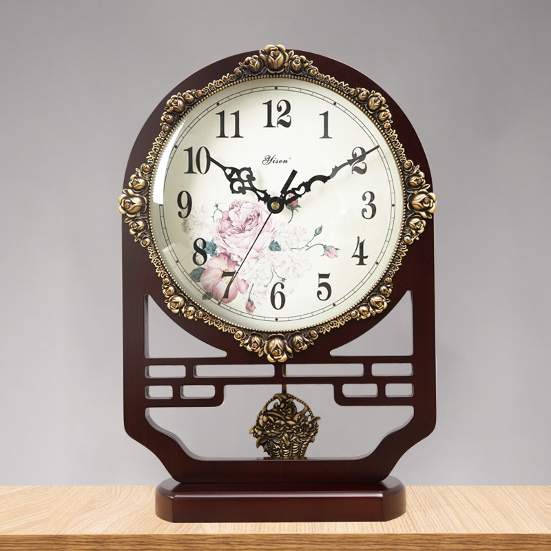 Art Sen Retro Woody Seat Bell Chinese Living Room Mute Creative Clock Swing Piece Desktop Home Old Style Big Sitting Clock